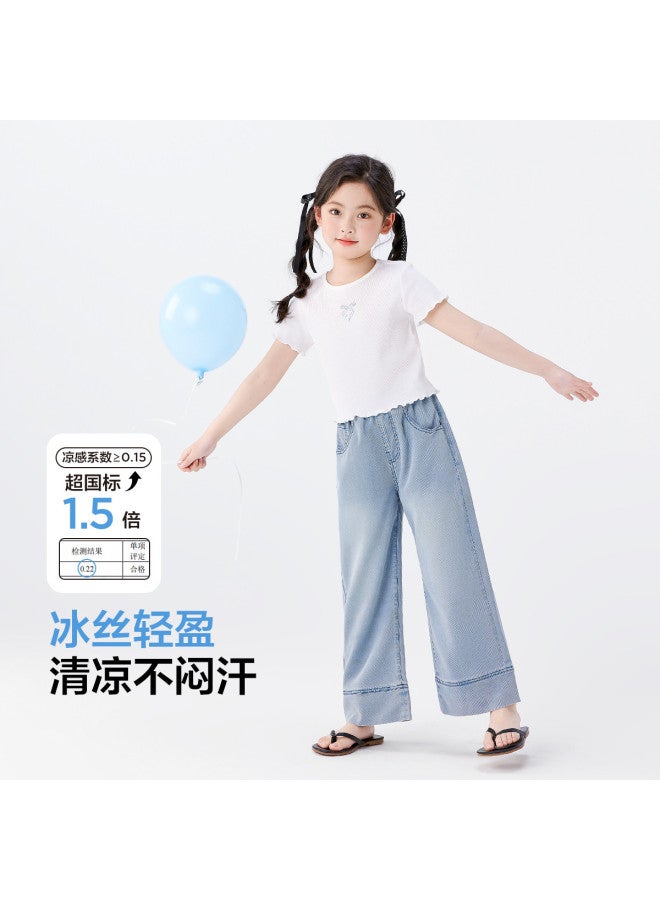 Zuoxi Girls' Wide Leg Pants Summer Thin Breathable Mosquito-proof Cool-feeling Kids' Tencel-like Denim Trousers - Image 4