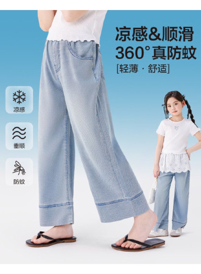 Zuoxi Girls' Wide Leg Pants Summer Thin Breathable Mosquito-proof Cool-feeling Kids' Tencel-like Denim Trousers - Image 1