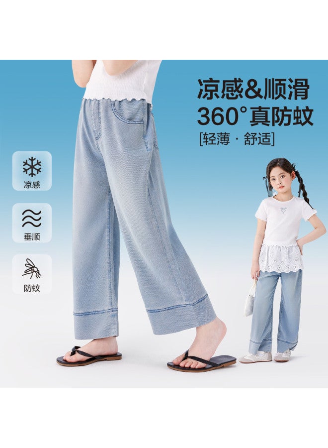 Zuoxi Girls' Wide Leg Pants Summer Thin Breathable Mosquito-proof Cool-feeling Kids' Tencel-like Denim Trousers - Image 2
