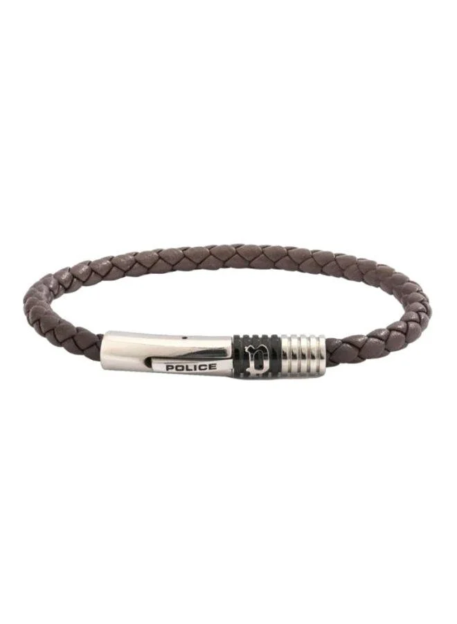 Police Modish Black Stainless Steel Brown Leather Braided Bracelet for Men