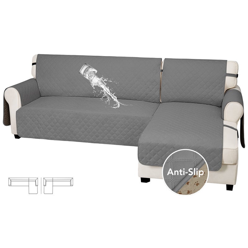 أغطية أرائك سهلة الاستخدام مقاومة للماء مع مقعد جانبي 2 قطعة غطاء أريكة على شكل L غير قابل للانزلاق للكلاب واقي أثاث مقاوم للتسرب مع حزام قابل للتعديل للحيوانات الأليفة رمادي صغير