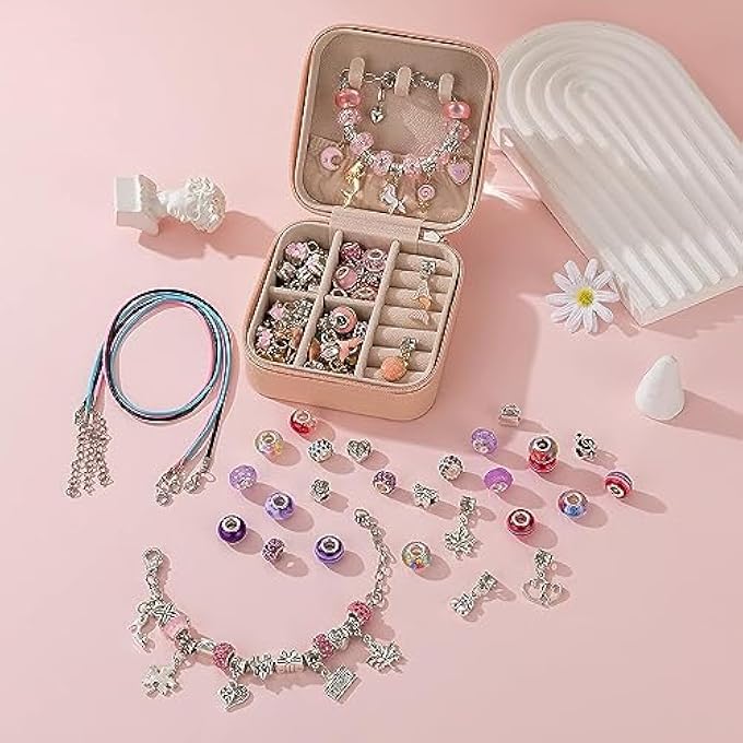 STRBOXONG TABIA CHARM JEWELRY BRACELET MAKING KIT FOR GIRLS, READY TO GIFT, FUN AND EASY TO MAKE TOYS FOR GIRLS, 68 PCS CUTE SPARKLING JEWELRY KIT AGE 6-14 INSPIRES CREATIVITY AND SELF-EXPRESSION - PINK - Image 2