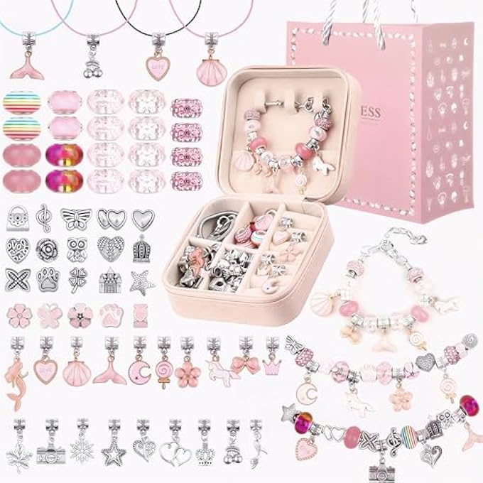 STRBOXONG TABIA CHARM JEWELRY BRACELET MAKING KIT FOR GIRLS, READY TO GIFT, FUN AND EASY TO MAKE TOYS FOR GIRLS, 68 PCS CUTE SPARKLING JEWELRY KIT AGE 6-14 INSPIRES CREATIVITY AND SELF-EXPRESSION - PINK - Image 1