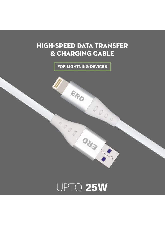 ERD 25W High-Speed Lightning to USB-A Charging and Data Sync Cable – 1 Meter Durable Metal Casing, 15000+ Bend Lifespan, Compatible with iPhone, iPad, AirPods, and All Lightning Devices (White/Silver) - Image 1
