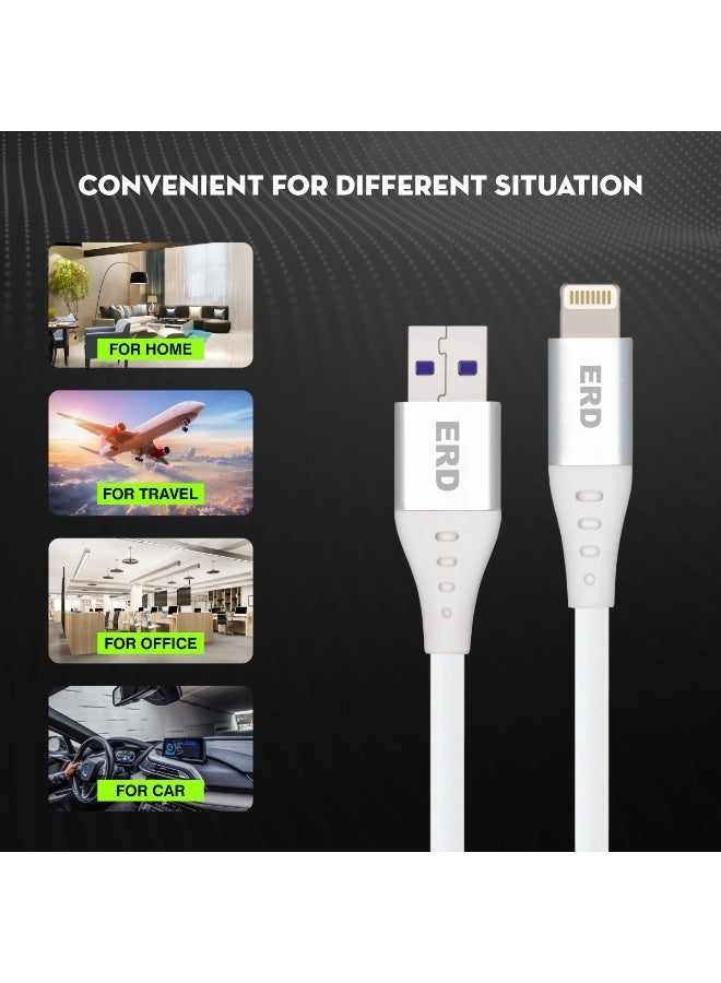 ERD 25W High-Speed Lightning to USB-A Charging and Data Sync Cable – 1 Meter Durable Metal Casing, 15000+ Bend Lifespan, Compatible with iPhone, iPad, AirPods, and All Lightning Devices (White/Silver) - Image 4