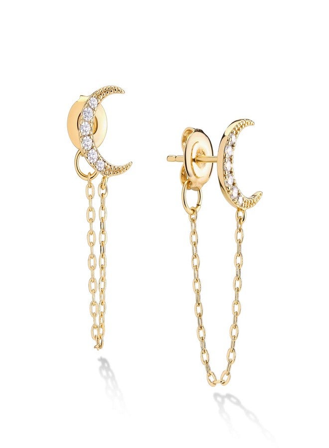 LOYATA Dainty Chain Stud Earrings for Women 14K Gold Plated Tiny Cute CZ Moon Dangle Cahin Earrings Simple Hypoallergenic Piercing Earrings for Women Sensitive Ear - Image 1