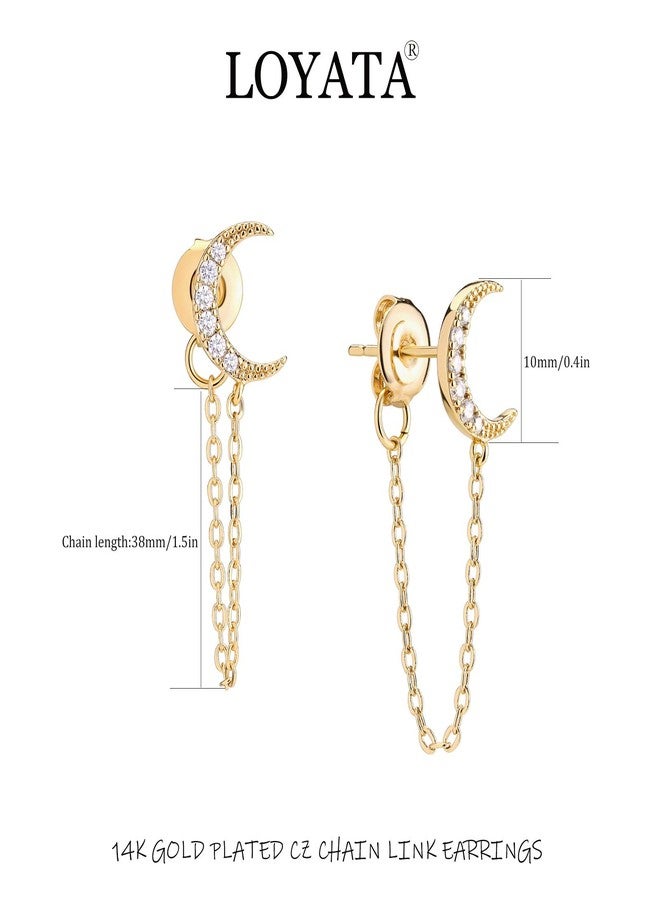 LOYATA Dainty Chain Stud Earrings for Women 14K Gold Plated Tiny Cute CZ Moon Dangle Cahin Earrings Simple Hypoallergenic Piercing Earrings for Women Sensitive Ear - Image 3