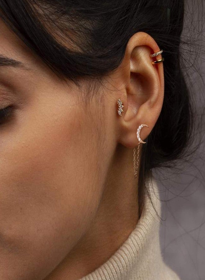 LOYATA Dainty Chain Stud Earrings for Women 14K Gold Plated Tiny Cute CZ Moon Dangle Cahin Earrings Simple Hypoallergenic Piercing Earrings for Women Sensitive Ear - Image 5