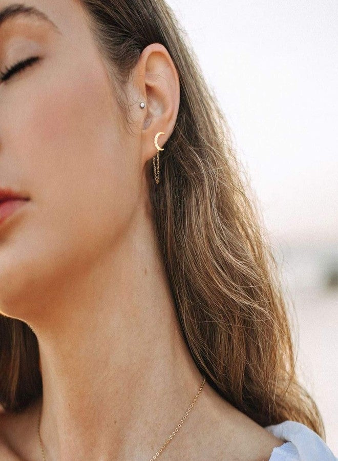 LOYATA Dainty Chain Stud Earrings for Women 14K Gold Plated Tiny Cute CZ Moon Dangle Cahin Earrings Simple Hypoallergenic Piercing Earrings for Women Sensitive Ear - Image 2