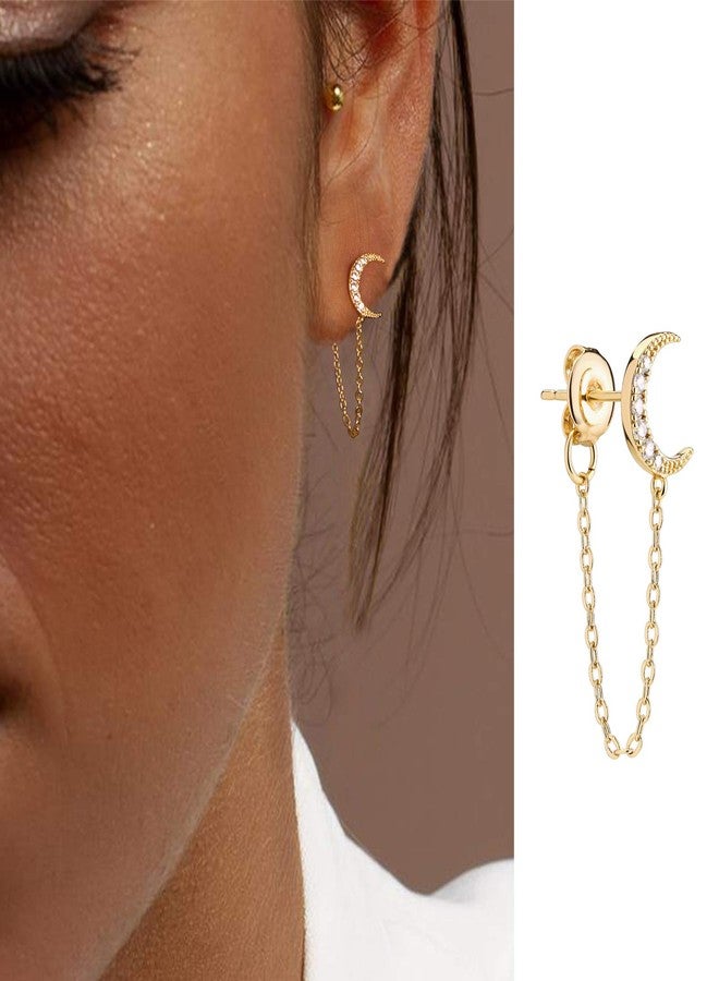 LOYATA Dainty Chain Stud Earrings for Women 14K Gold Plated Tiny Cute CZ Moon Dangle Cahin Earrings Simple Hypoallergenic Piercing Earrings for Women Sensitive Ear - Image 4