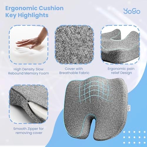 YoGo Coccyx Cushion for Tailbone Pain Relief | High Density and Contoured Seat Cushion for Chair & Car Seat Cushions | Orthopedic Memory Foam with Washable Cover – Back, Sciatica & Posture Support - Image 3