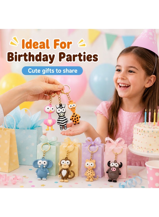 Kids Birthday Party Favors — 16-piece jungle-themed keychain toy set, suitable for boys and girls. It can also be used as gift bag fillers or small toy fillers. These gifts are ideal for children on occasions such as Eid, Halloween, birthday parties, classroom rewards and other festive events. The designs include cute animal characters such as elephant, monkey, giraffe, zebra, lion, bull, ostrich and leopard. - Image 2