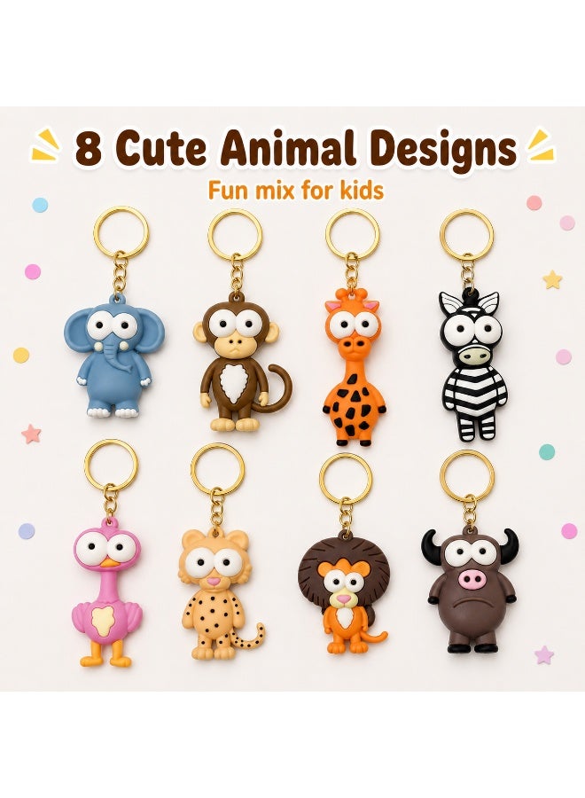 Kids Birthday Party Favors — 16-piece jungle-themed keychain toy set, suitable for boys and girls. It can also be used as gift bag fillers or small toy fillers. These gifts are ideal for children on occasions such as Eid, Halloween, birthday parties, classroom rewards and other festive events. The designs include cute animal characters such as elephant, monkey, giraffe, zebra, lion, bull, ostrich and leopard. - Image 4