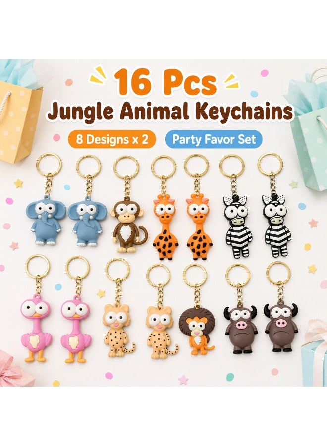 Kids Birthday Party Favors — 16-piece jungle-themed keychain toy set, suitable for boys and girls. It can also be used as gift bag fillers or small toy fillers. These gifts are ideal for children on occasions such as Eid, Halloween, birthday parties, classroom rewards and other festive events. The designs include cute animal characters such as elephant, monkey, giraffe, zebra, lion, bull, ostrich and leopard. - Image 3