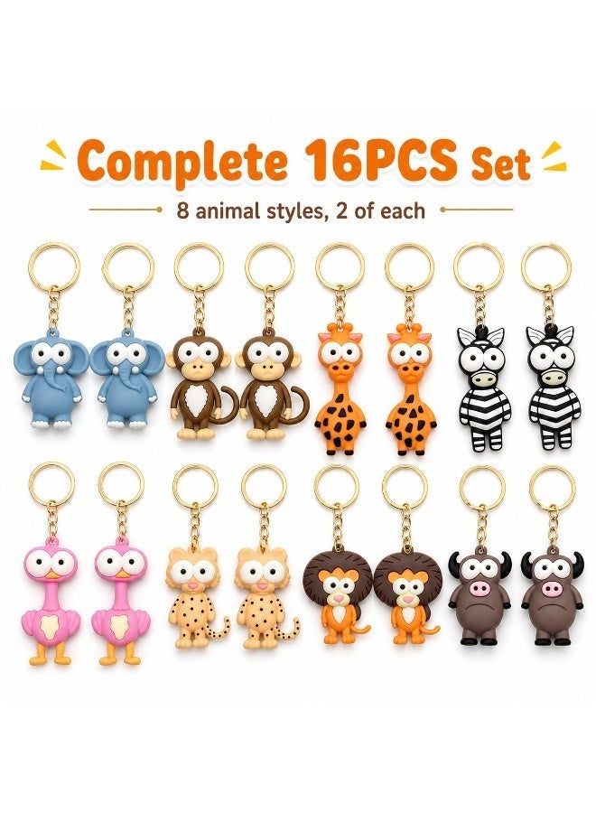 Kids Birthday Party Favors — 16-piece jungle-themed keychain toy set, suitable for boys and girls. It can also be used as gift bag fillers or small toy fillers. These gifts are ideal for children on occasions such as Eid, Halloween, birthday parties, classroom rewards and other festive events. The designs include cute animal characters such as elephant, monkey, giraffe, zebra, lion, bull, ostrich and leopard. - Image 1