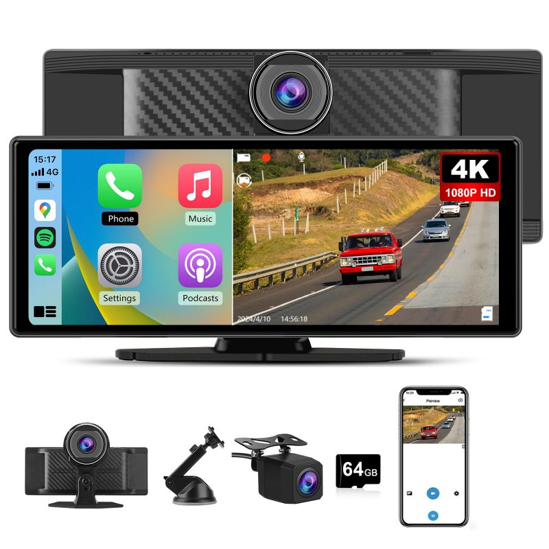 Pyniro 1026 Carplay Screen for Car Portable Carplay Android Auto Car Stereo Touchscreen GPS Navigation 4K Dash Cam1080P Backup CameraMirror LinkBluetoothVoice Control - Image 2