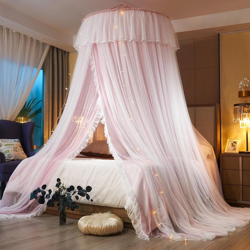 AIKASY Princess Bed Canopy for Girls & Adults, Elegant Double-Layer Bed Curtain, Children's Dream Round Lace Mosquito Net - Fits Twin, Full, Queen, and King Beds(Pink/White) - Image 1