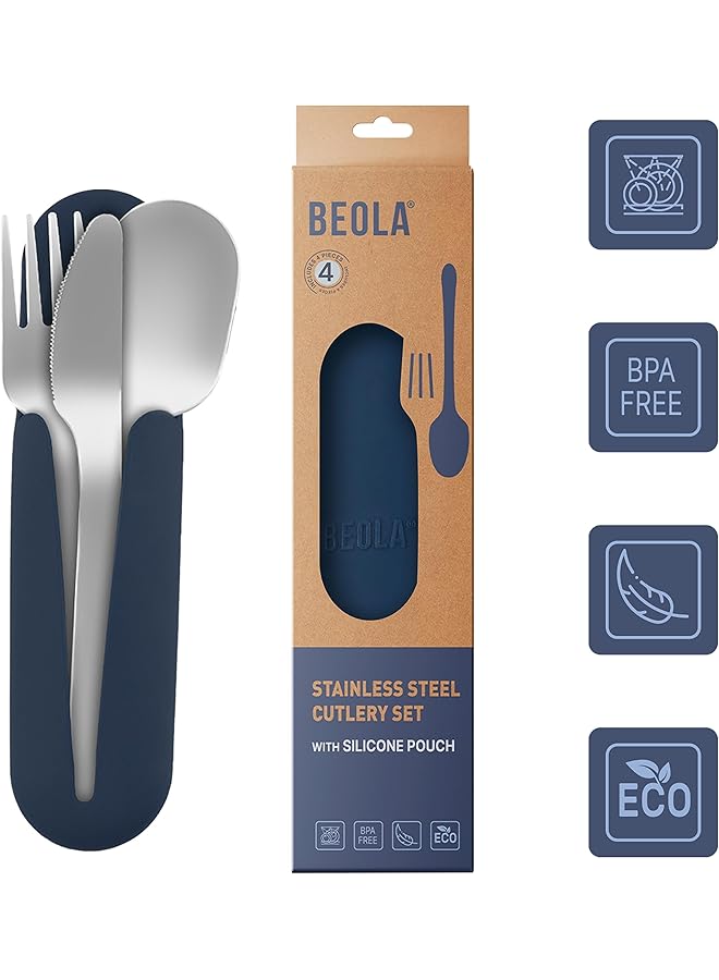 BEOLA Stainless Steel Cutlery Set with Silicone Case Travel Utensils with Pouch Reusable Fork Spoon and Knife Cutlery for Lunch Box Kids School Camping Outdoor Set of 4pcs (Marine Blue) - Image 3