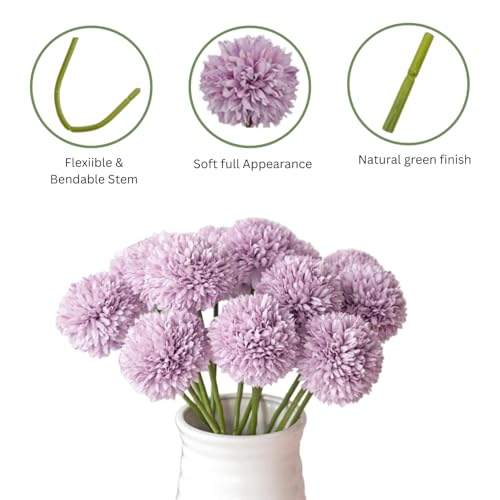 VERVENIX 5-Piece Artificial Chrysanthemum Ball Hydrangea Flower Sticks – Premium Silk Flowers for Home, Office, Wedding, and Festival Décor Purple, Pack of 5, Without Vase - Image 5