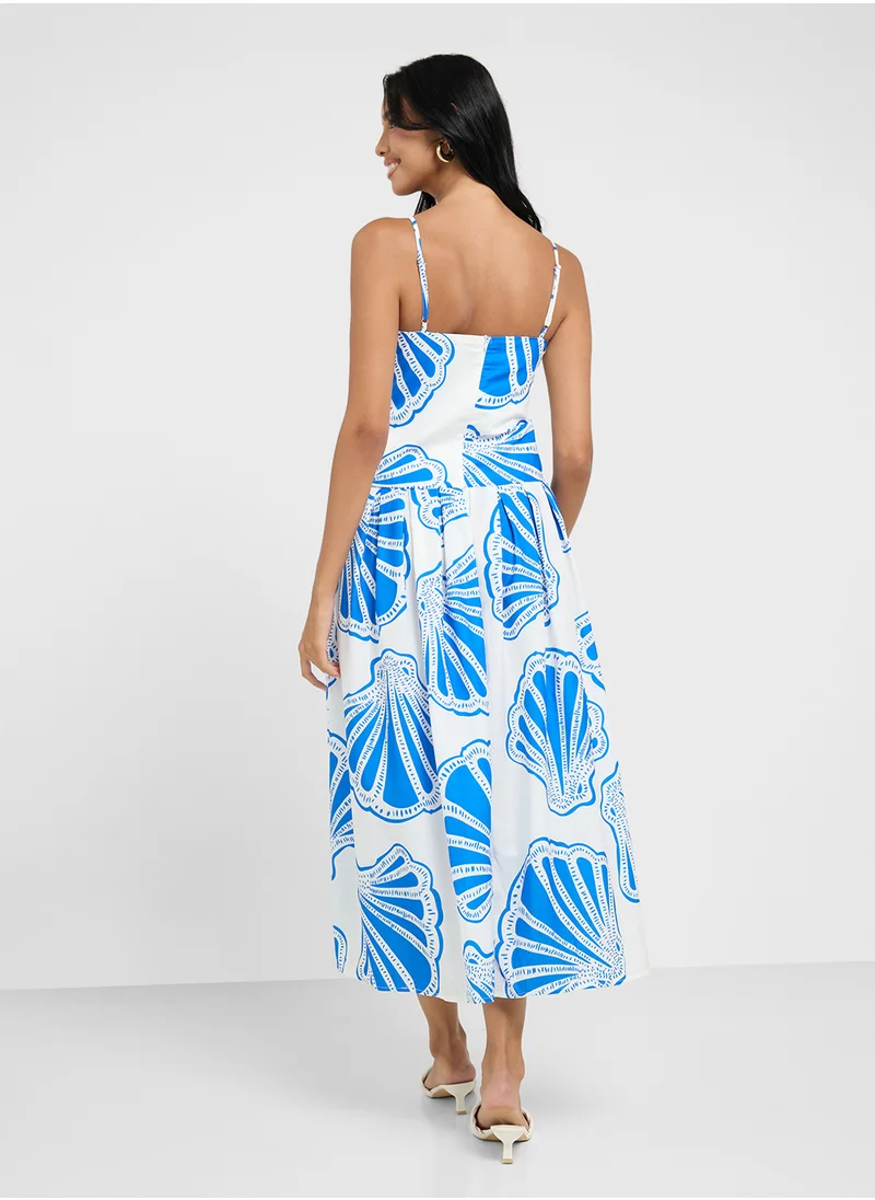 جينجر Strappy Drop Waist Shell Print Dress