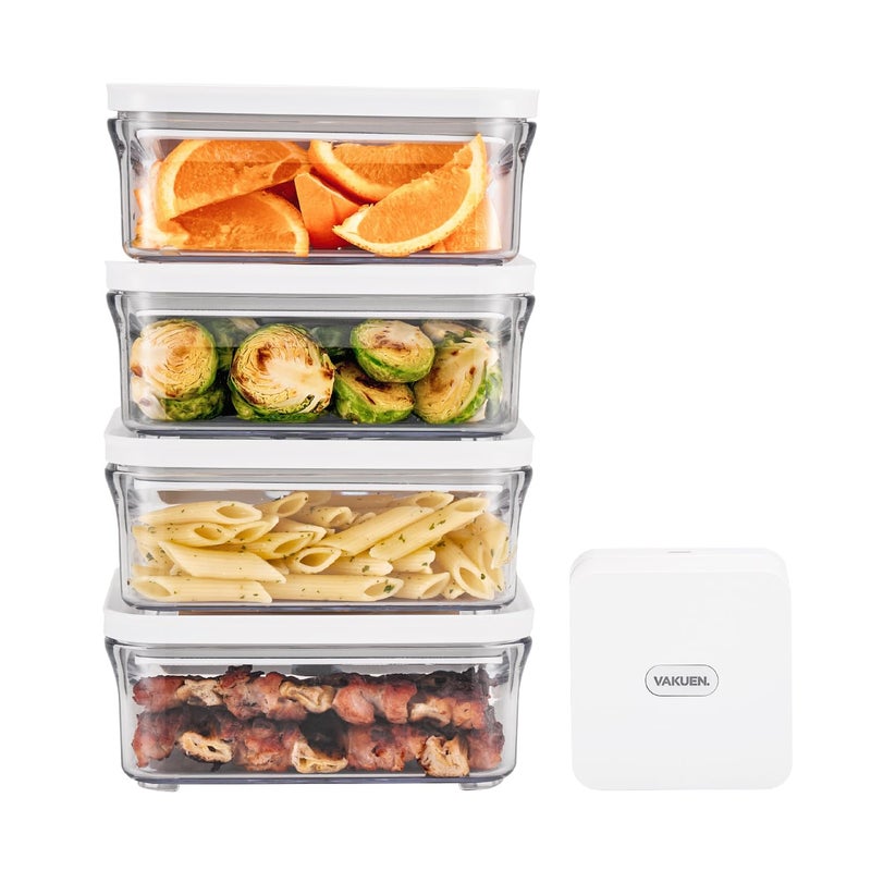 VAKUEN Premium Airtight Food Storage Container. Meal Prep 0.85qt 5pc/Set. 4pcs Container and Vacuum Sealer. Patented Double Silicone Lining, 100% Leak Proof, BPA-FREE - Image 1