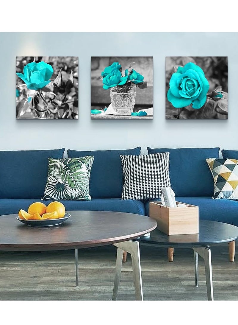 Blue Rose Canvas Art for Bedroom, Minimalist Floral Wall Decor, 3 Piece Home Artwork for Living Room, Boho Style Canvas Pictures - Image 3