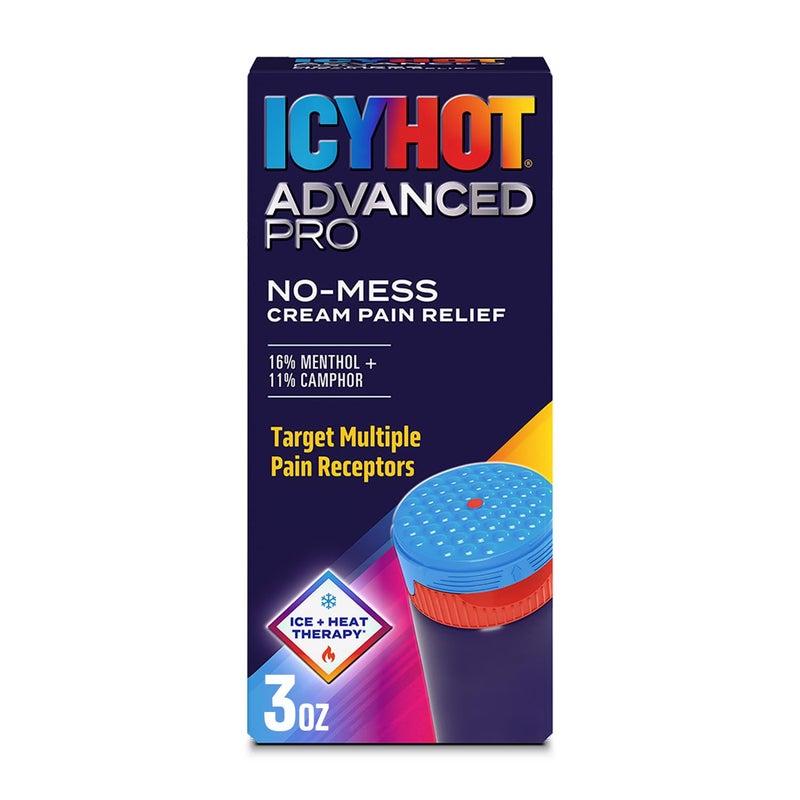 Icy Hot كريم آيسي هوت المتقدم برو لتخفيف الألم بدون فوضى مع جهاز تدليك، أقصى قوة لتخفيف الألم مع المنثول 16% والكافور 11% لآلام الظهر، المفاصل، إجهاد العضلات والتهاب المفاصل، 3 أونصات - Image 1