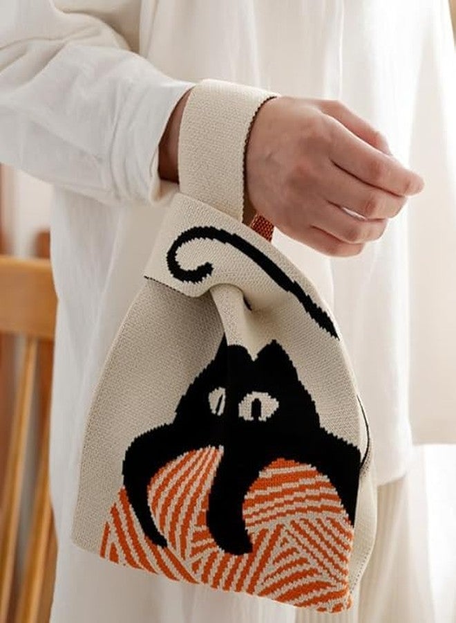 Kawn® Crochet Wrist Handbag for Women Wristlet Handbag Sleeve Knot Pouch Portable knitted breathable lightweight foldable Casual Small Purse Cute Tote Bag For Shopping, Dating, Travel (Black Cat) - Image 2