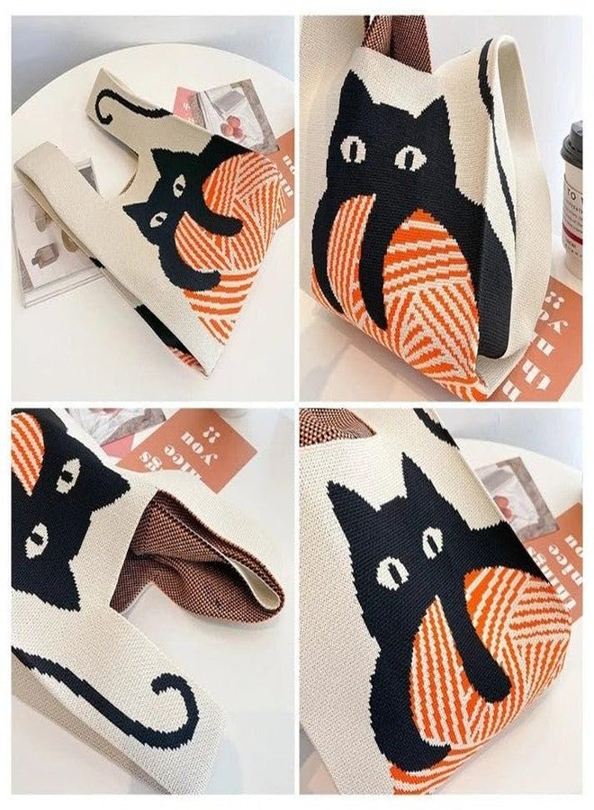 Kawn® Crochet Wrist Handbag for Women Wristlet Handbag Sleeve Knot Pouch Portable knitted breathable lightweight foldable Casual Small Purse Cute Tote Bag For Shopping, Dating, Travel (Black Cat) - Image 5