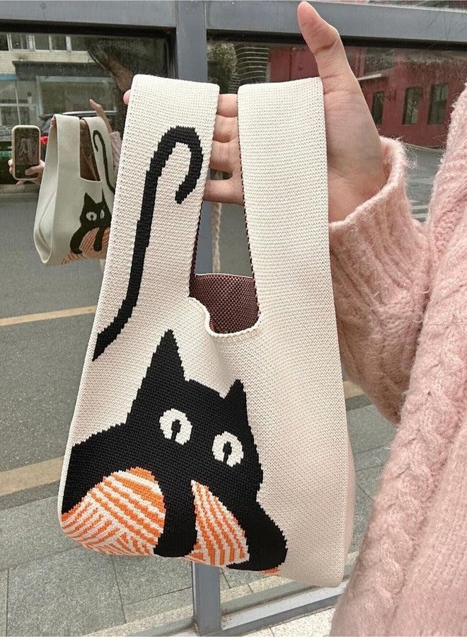 Kawn® Crochet Wrist Handbag for Women Wristlet Handbag Sleeve Knot Pouch Portable knitted breathable lightweight foldable Casual Small Purse Cute Tote Bag For Shopping, Dating, Travel (Black Cat) - Image 4