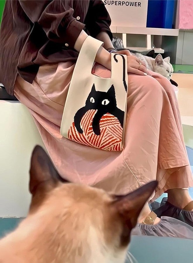 Kawn® Crochet Wrist Handbag for Women Wristlet Handbag Sleeve Knot Pouch Portable knitted breathable lightweight foldable Casual Small Purse Cute Tote Bag For Shopping, Dating, Travel (Black Cat) - Image 3