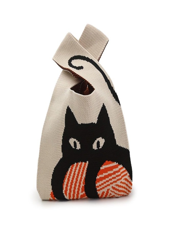 Kawn® Crochet Wrist Handbag for Women Wristlet Handbag Sleeve Knot Pouch Portable knitted breathable lightweight foldable Casual Small Purse Cute Tote Bag For Shopping, Dating, Travel (Black Cat) - Image 1