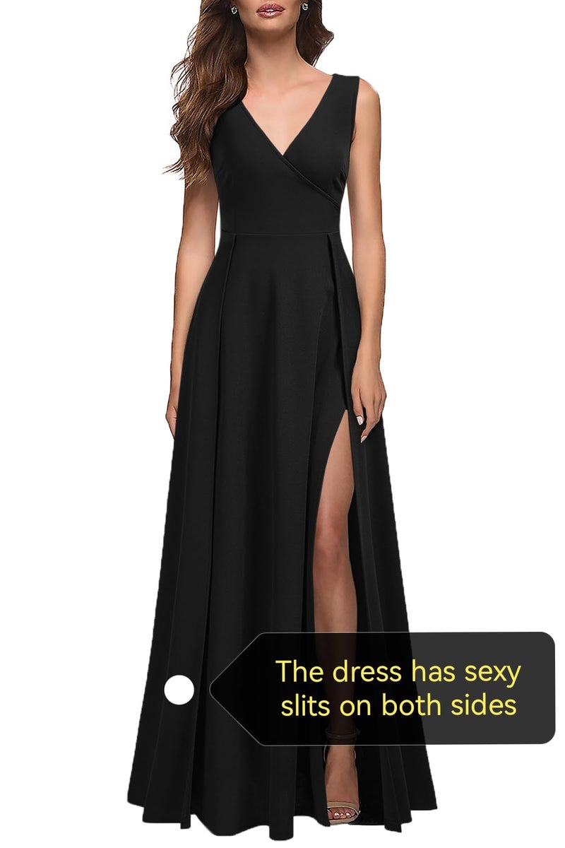 MUSHARE Women's V Neck Sleeveless Split Formal Dress Cocktail Party Prom Long Dresses Black - Image 4