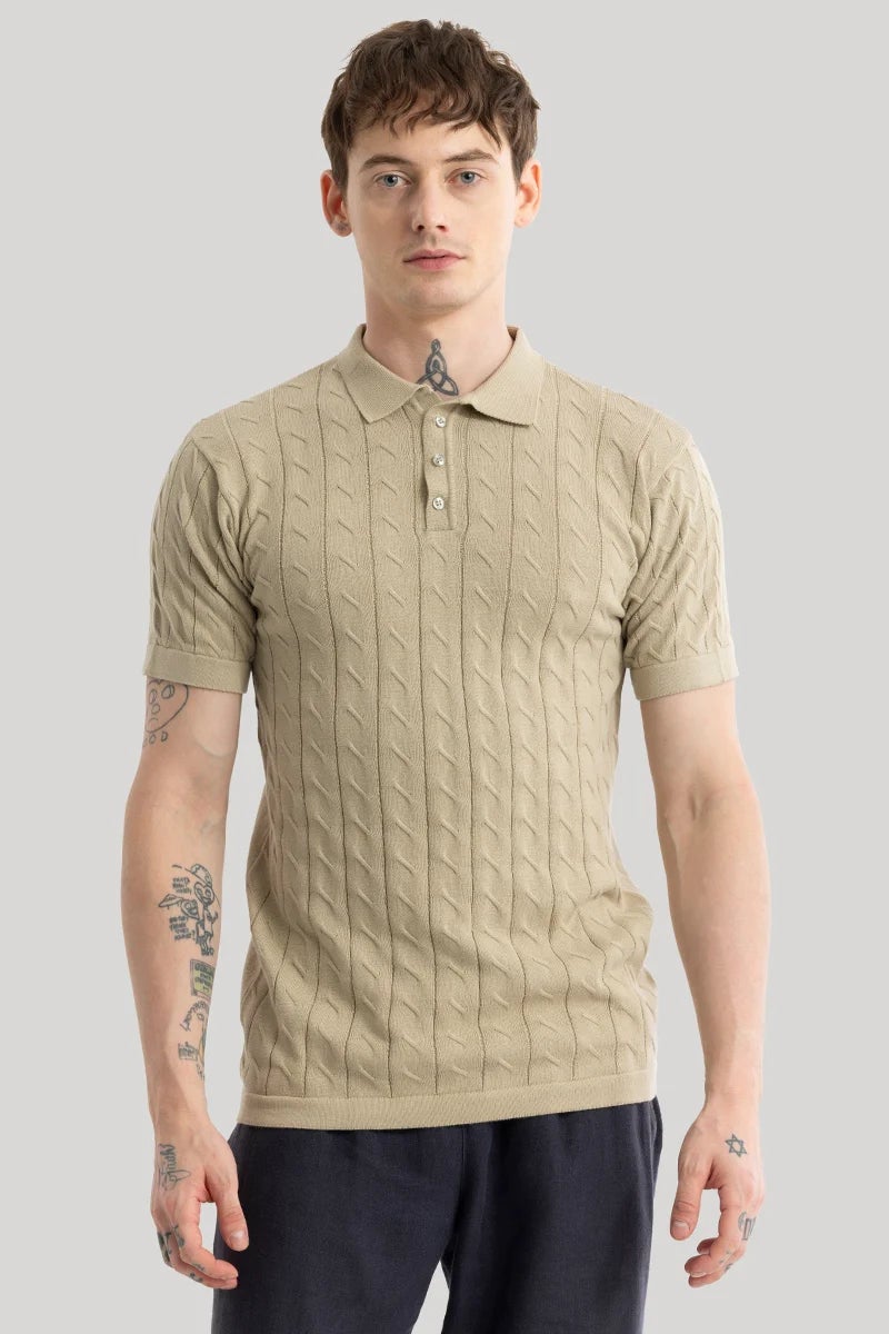 SNITCH Fresco Beige Knitted Polo T-Shirt - Image 5