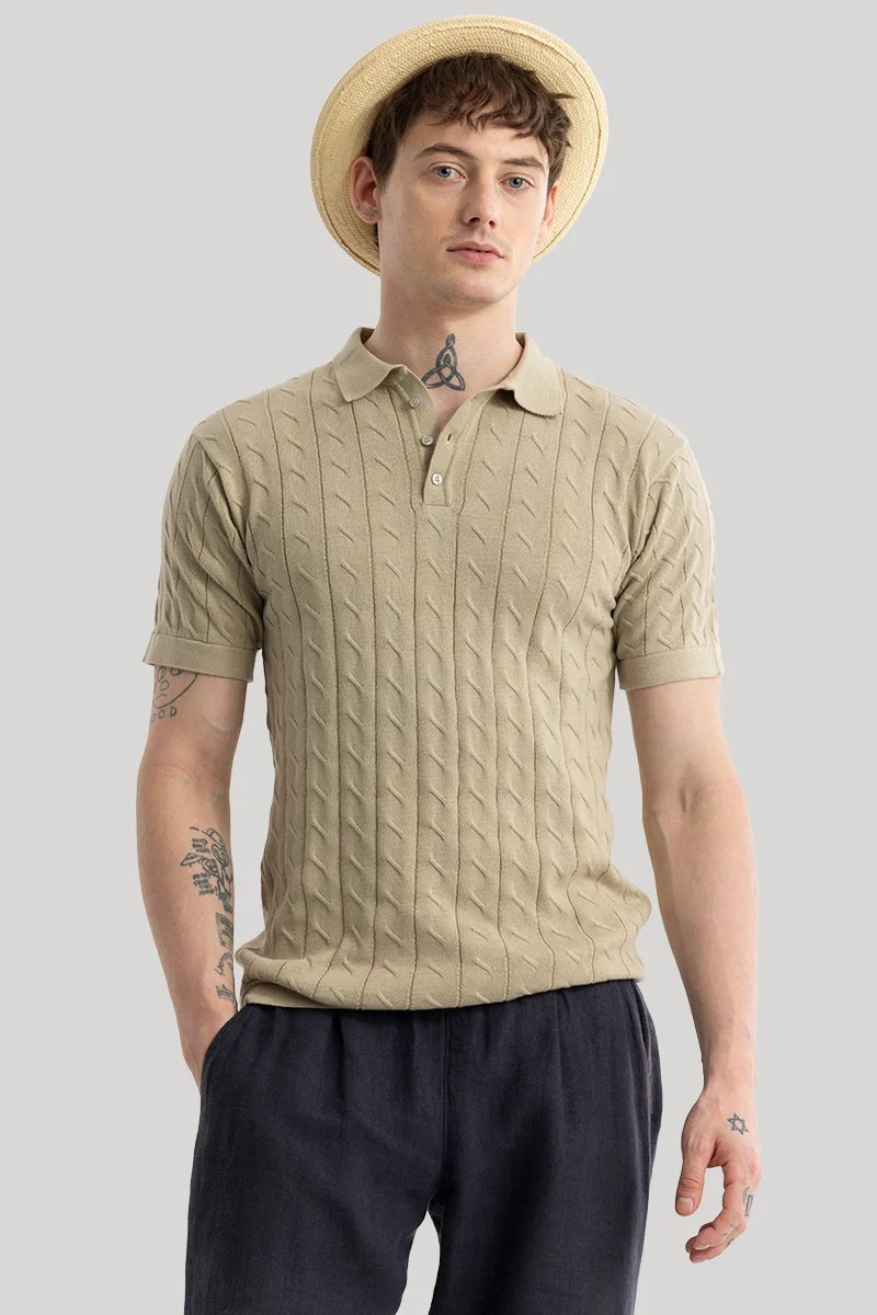 SNITCH Fresco Beige Knitted Polo T-Shirt - Image 4