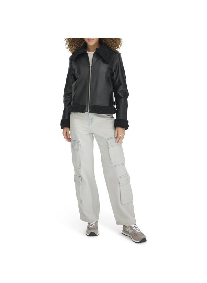 Levi's Women's Faux Shearling Aviator Jacket, Black Sherpa Lined, M - Image 3