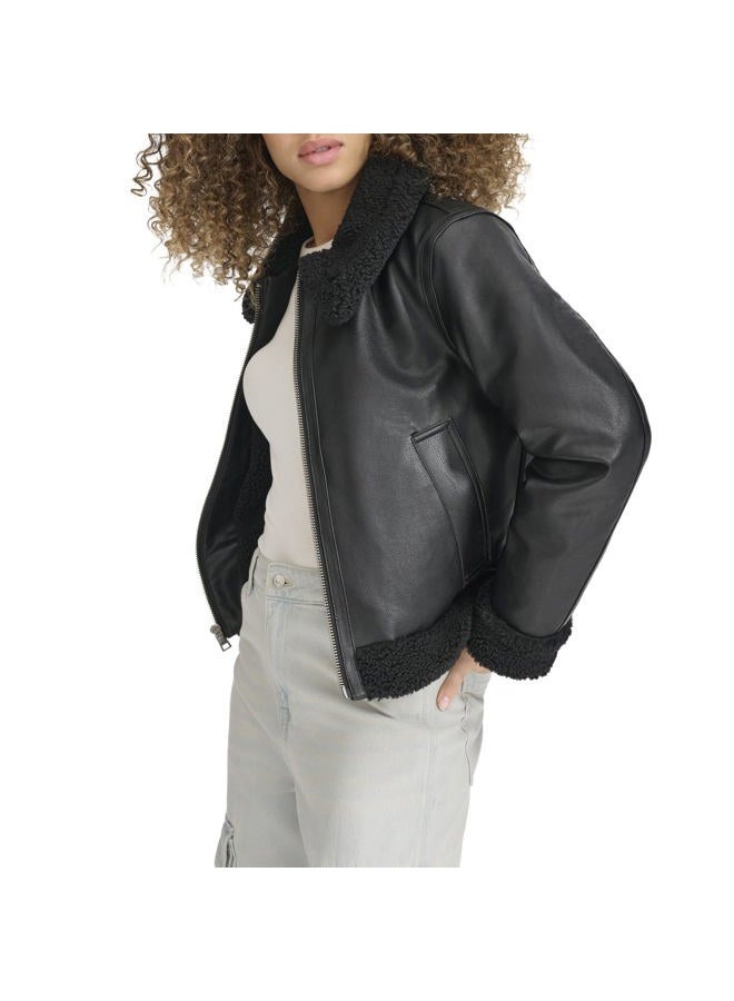 Levi's Women's Faux Shearling Aviator Jacket, Black Sherpa Lined, M - Image 2