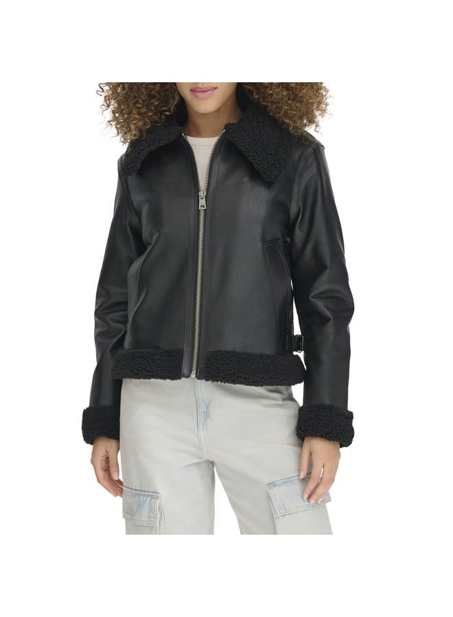 Levi's Women's Faux Shearling Aviator Jacket, Black Sherpa Lined, M - Image 1