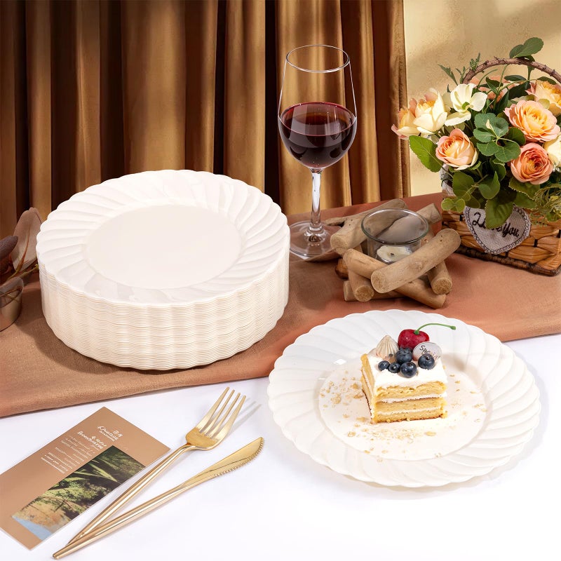 U-QE 100 Count 9 Inch Ivory Plastic Plates for Party - Scalloped Disposable Dinner Plates - Premium Hard Fancy Disposable Heavy Duty Party Supplies for Birthdays, Celebrations, Weddings and Events - Image 3