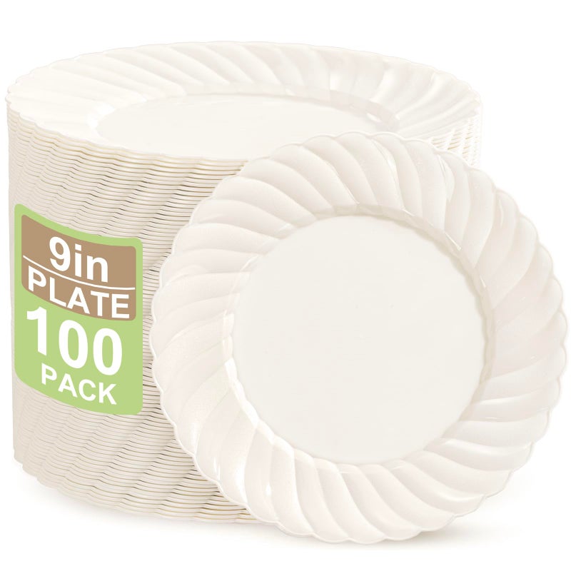 U-QE 100 Count 9 Inch Ivory Plastic Plates for Party - Scalloped Disposable Dinner Plates - Premium Hard Fancy Disposable Heavy Duty Party Supplies for Birthdays, Celebrations, Weddings and Events - Image 1