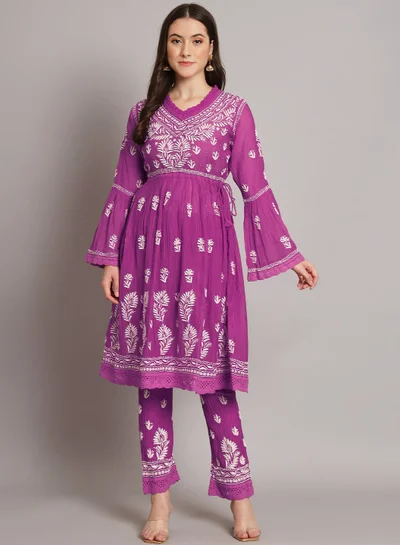 Alaya Hand Embroidered Chikankari Chanderi Cotton Frock Style Kurta Pant-AL3661KS