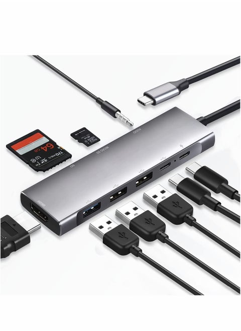USB C Hub Adapter Multiport 9 in 1 Docking Station to HDMI with 3 Port Audio TF/SD Card Reader 100W PD Charger USB-C Compatible for MacBook Laptops Type Devices