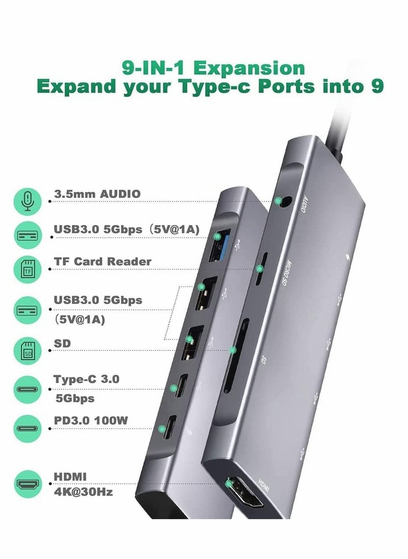 USB C Hub Adapter Multiport 9 in 1 Docking Station to HDMI with 3 Port Audio TF/SD Card Reader 100W PD Charger USB-C Compatible for MacBook Laptops Type Devices