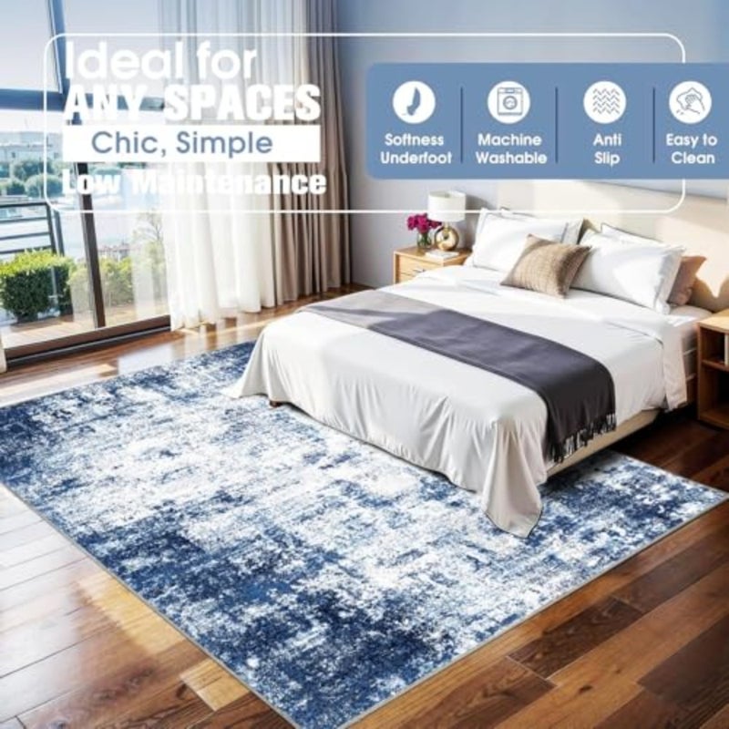300x400 Large Area Rug Living Room Rug: Washable Modern Abstract Soft Thin Rug Indoor Floor No Slip Stain Resistant Carpet for Bedroom Dining Room Farmhouse Nursery Home Office - Blue - Image 5