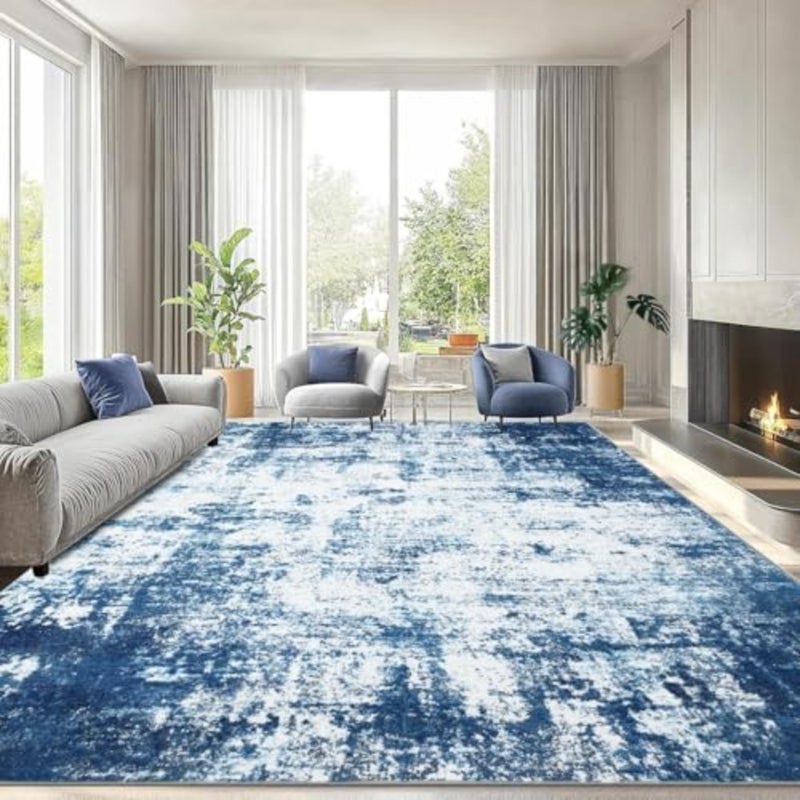 300x400 Large Area Rug Living Room Rug: Washable Modern Abstract Soft Thin Rug Indoor Floor No Slip Stain Resistant Carpet for Bedroom Dining Room Farmhouse Nursery Home Office - Blue - Image 1