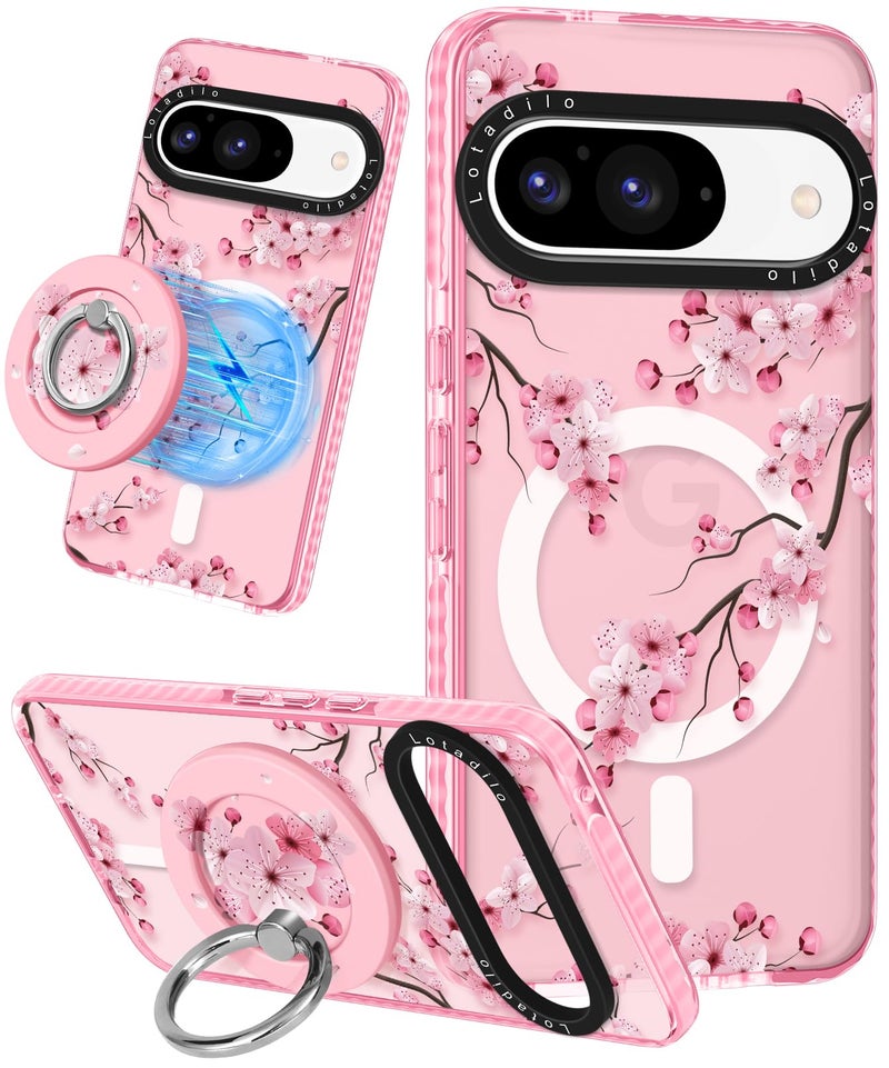 Lotadilo Cute for Google Pixel 9 Pro/9 Case - Compatible with Magsafe Magnetic Ring Holder Stand Kickstand for Women Girls Girly Funny Fashion TPU Phone Case, Peach Blossom - Image 1
