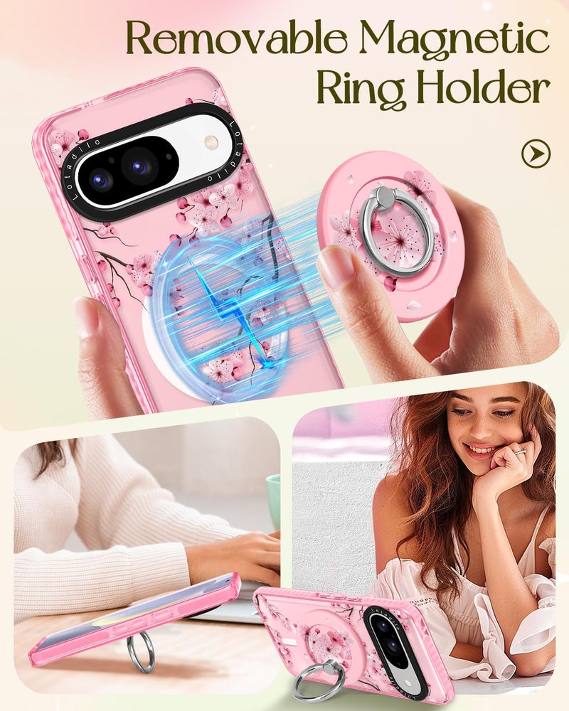 Lotadilo Cute for Google Pixel 9 Pro/9 Case - Compatible with Magsafe Magnetic Ring Holder Stand Kickstand for Women Girls Girly Funny Fashion TPU Phone Case, Peach Blossom - Image 4