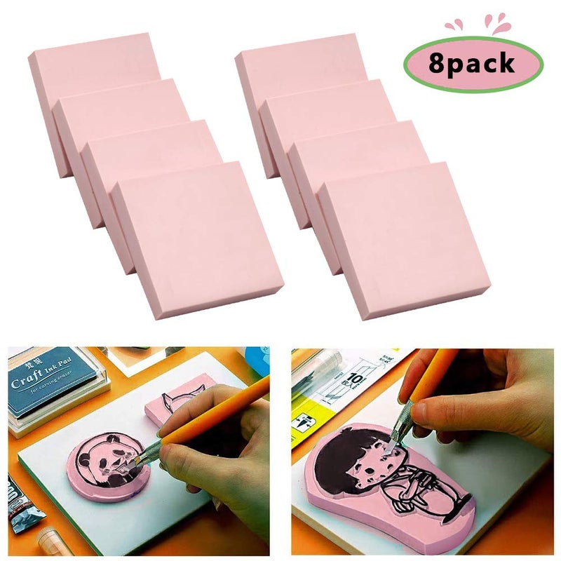 XoreArt 8 Pcs 2"x2" Pink Rubber Carving Blocks for Stamp Soft Rubber Crafts, Soft and Easy to Carve (Square) - Image 2