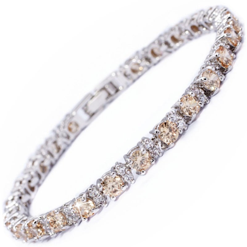 RIZILIA Round Champagne Color Gems and White Cubic Zirconia 18K White gold Plated Tennis Bracelet, 7" - Image 1