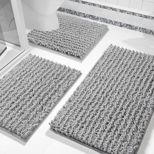 Yimobra Bathroom Rug Set 3 Piece - Super Absorbent Quick Dry Chenille Bath Mats & Toilet Rug, Non Slip Machine Washable, Extra Thick Shaggy Floor Mat for Shower Tub Sink, Grey - Image 1